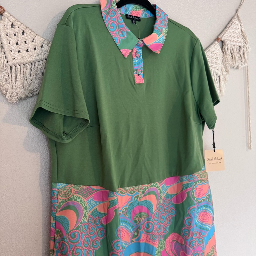 Unique Vintage Green Polo Dress with Pink & Blue Paisley Skirt - Picture 6 of 8